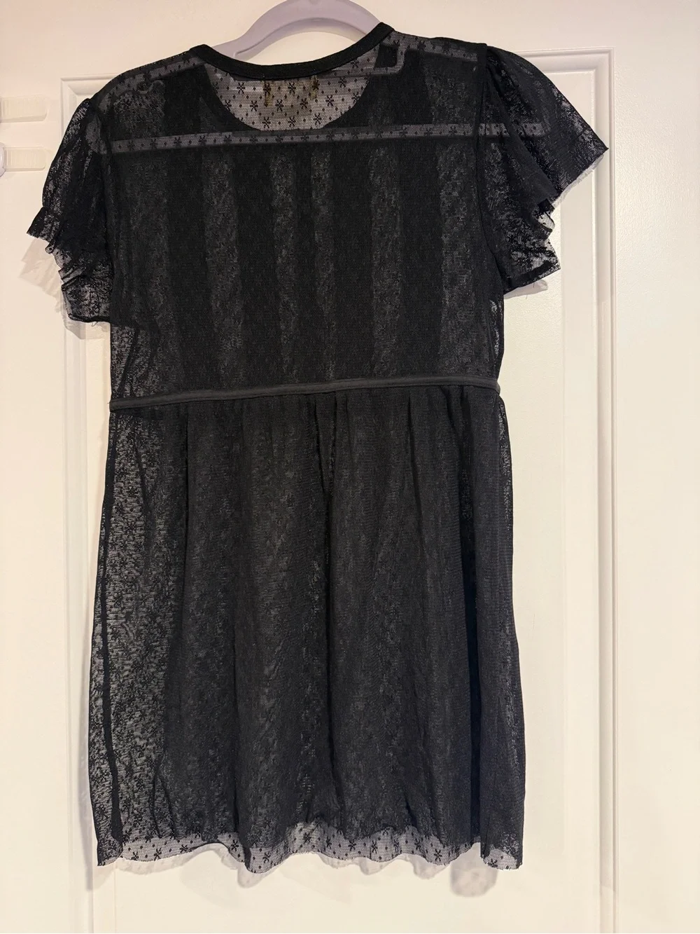 Free People Black Lace Sheer Short Sleeve Top Size M Boho Flutter Sleeve Y2K